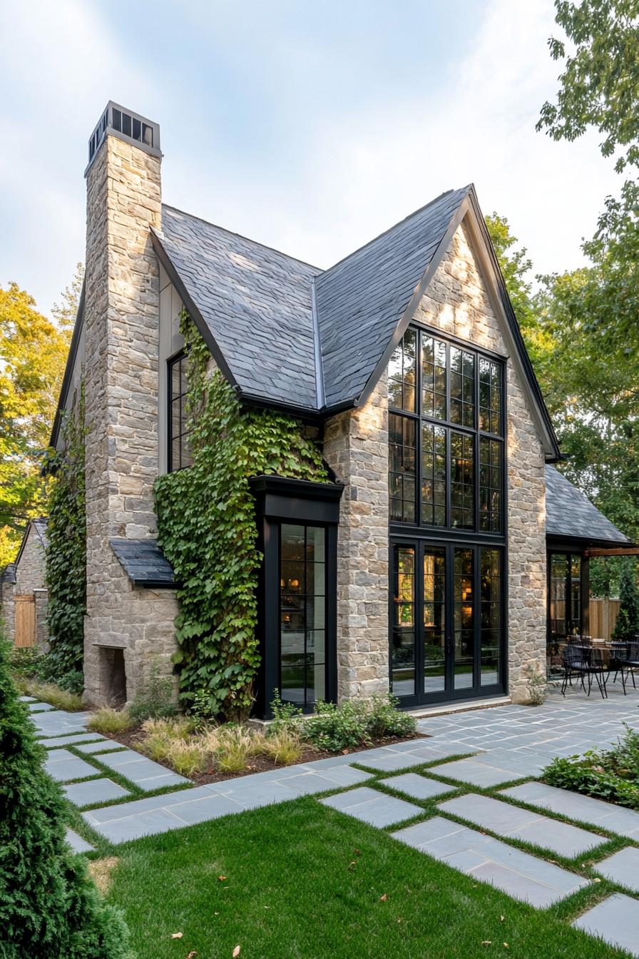 modern european cottage house with stone siding chimney multi pitched gabled roof with slate tile modern windows with black trim vines on facade 3