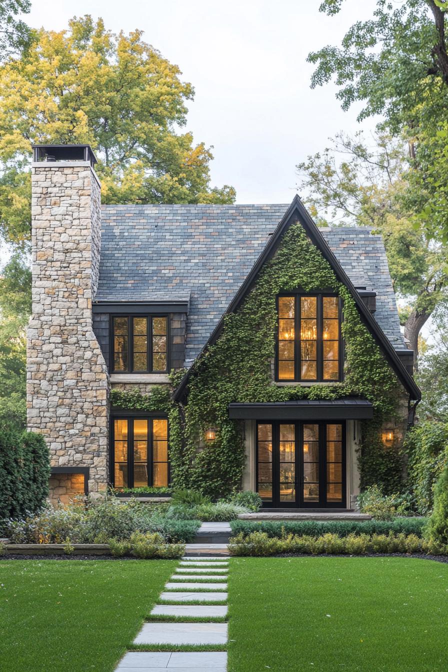 modern european cottage house with stone siding chimney multi pitched gabled roof with slate tile modern windows with black trim vines on facade