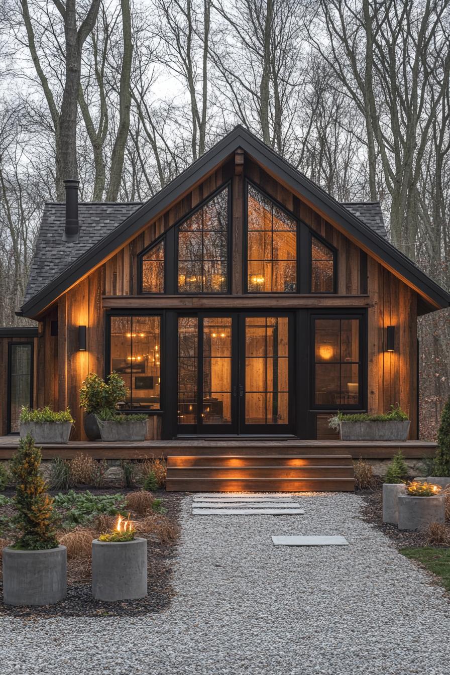 Cozy barn house with lit gabled facade and forest backdrop