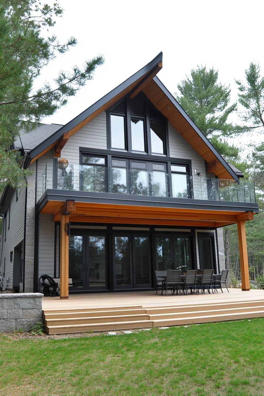 modern house with light grey timber cladding light grey wood decks large modern windows and glass doors with black trim gable roof without eaves 1