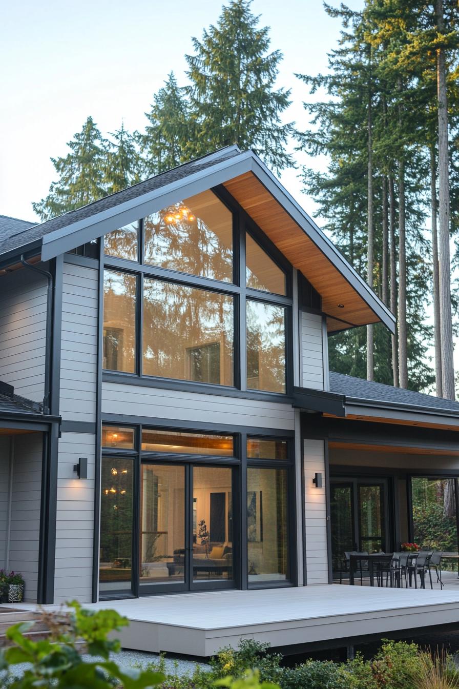 modern house with light grey timber cladding light grey wood decks large modern windows and glass doors with black trim gable roof without eaves 2