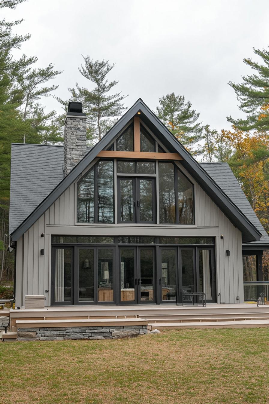 modern house with light grey timber cladding light grey wood decks large modern windows and glass doors with black trim gable roof without eaves 3