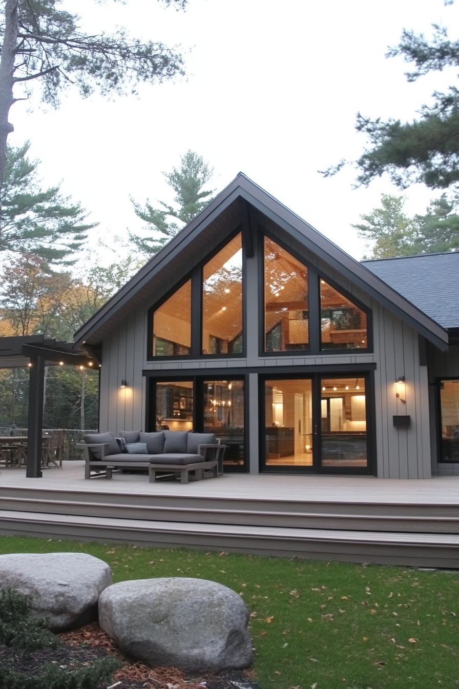 modern house with light grey timber cladding light grey wood decks large modern windows and glass doors with black trim gable roof without eaves