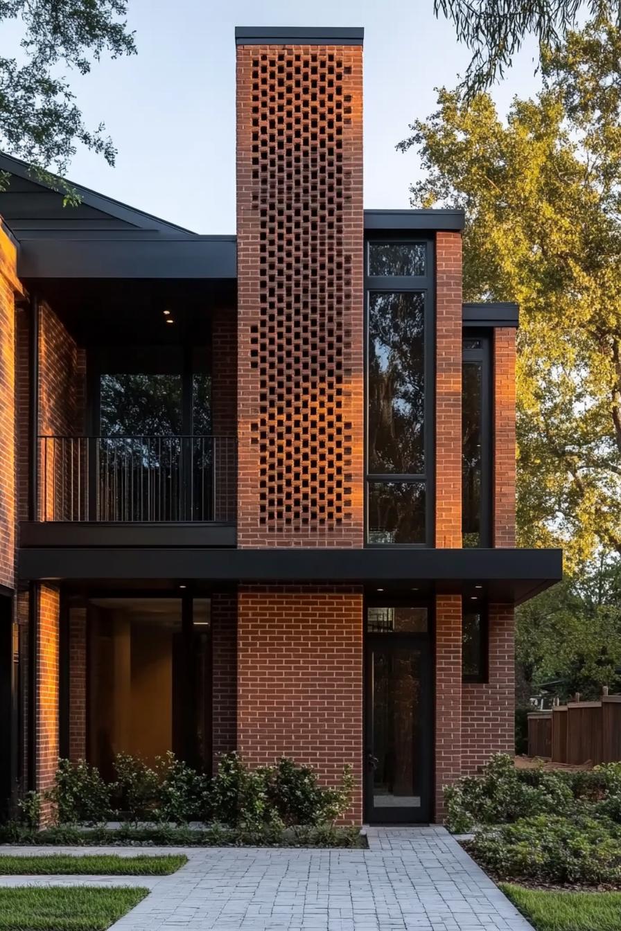 Modern brick house with large windows and a perforated facade