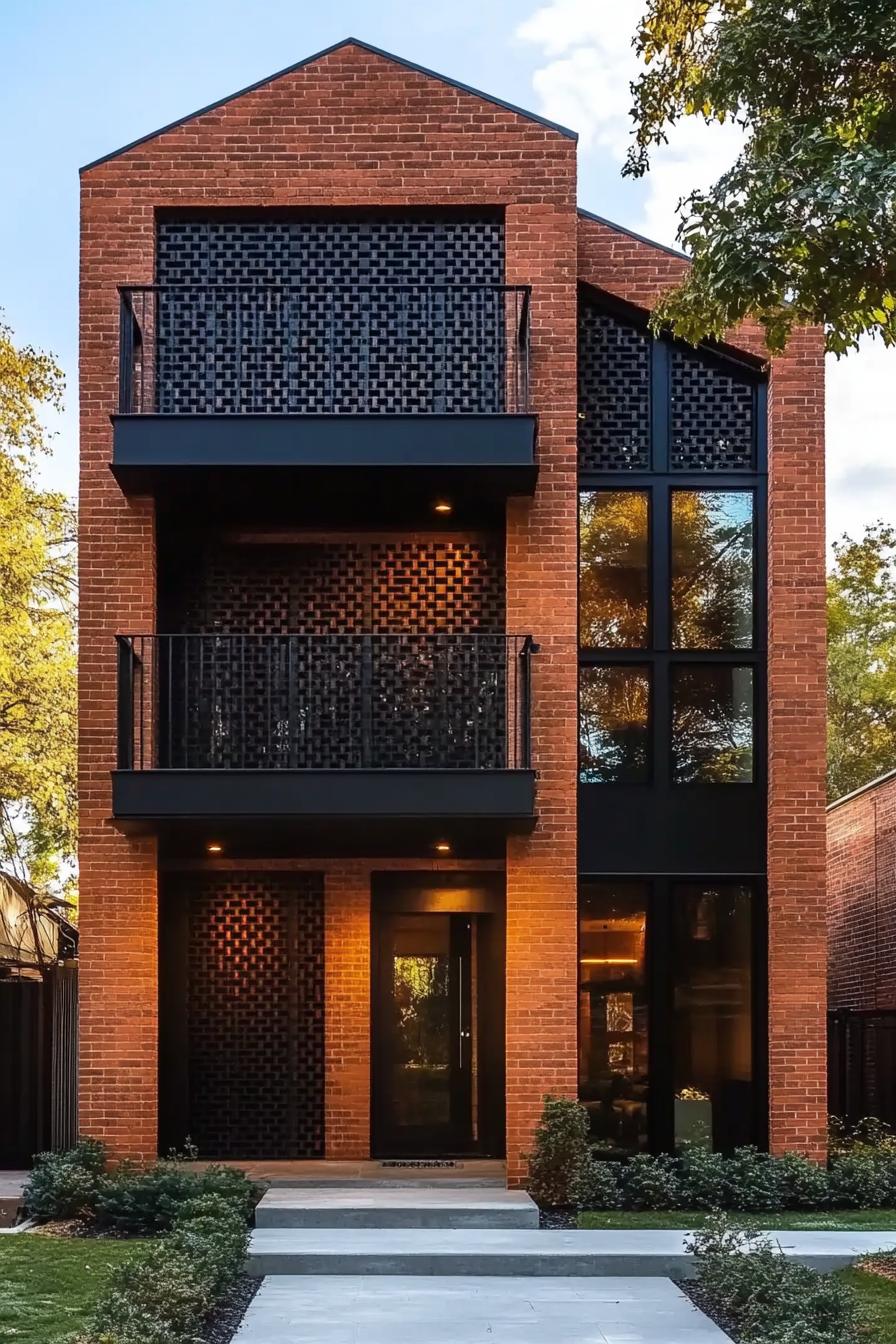 Modern brick facade house with large windows and balconies