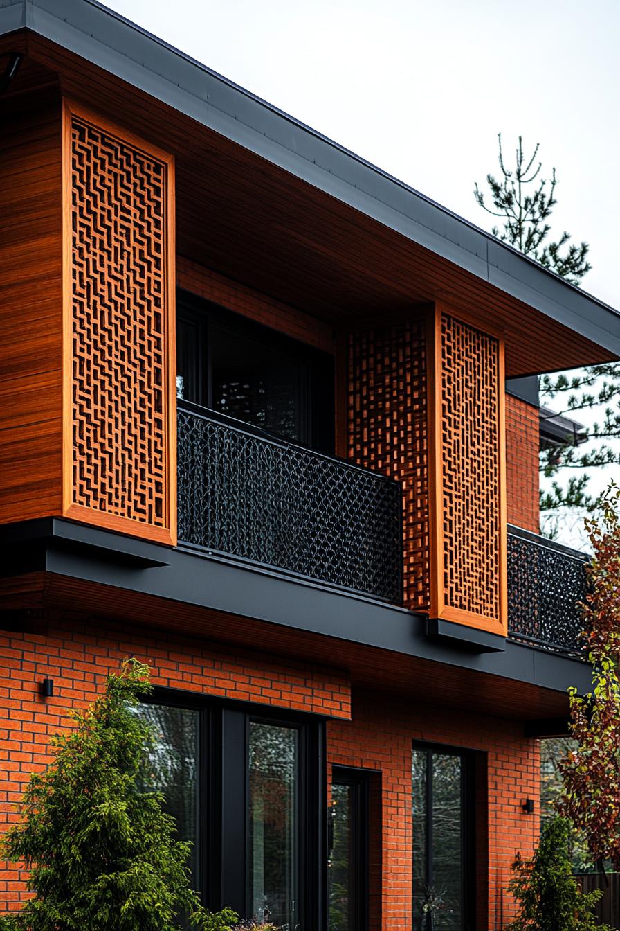 Elegant brick facade with intricate wooden panels