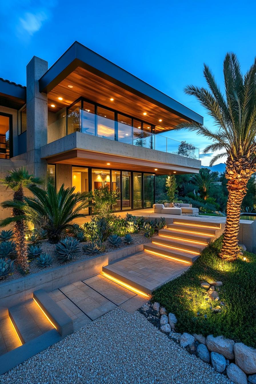 modern villa design with concrete facade large balcony with glass railings full wall window glass LED lit natural wood accent panelts LED lit 2