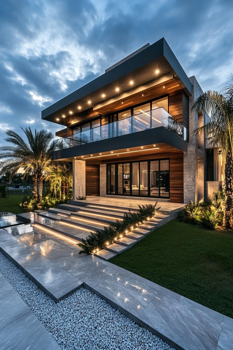 modern villa design with concrete facade large balcony with glass railings full wall window glass LED lit natural wood accent panelts LED lit