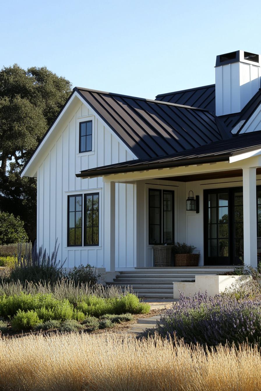 White one-story house with a dark metal roof and lush garden