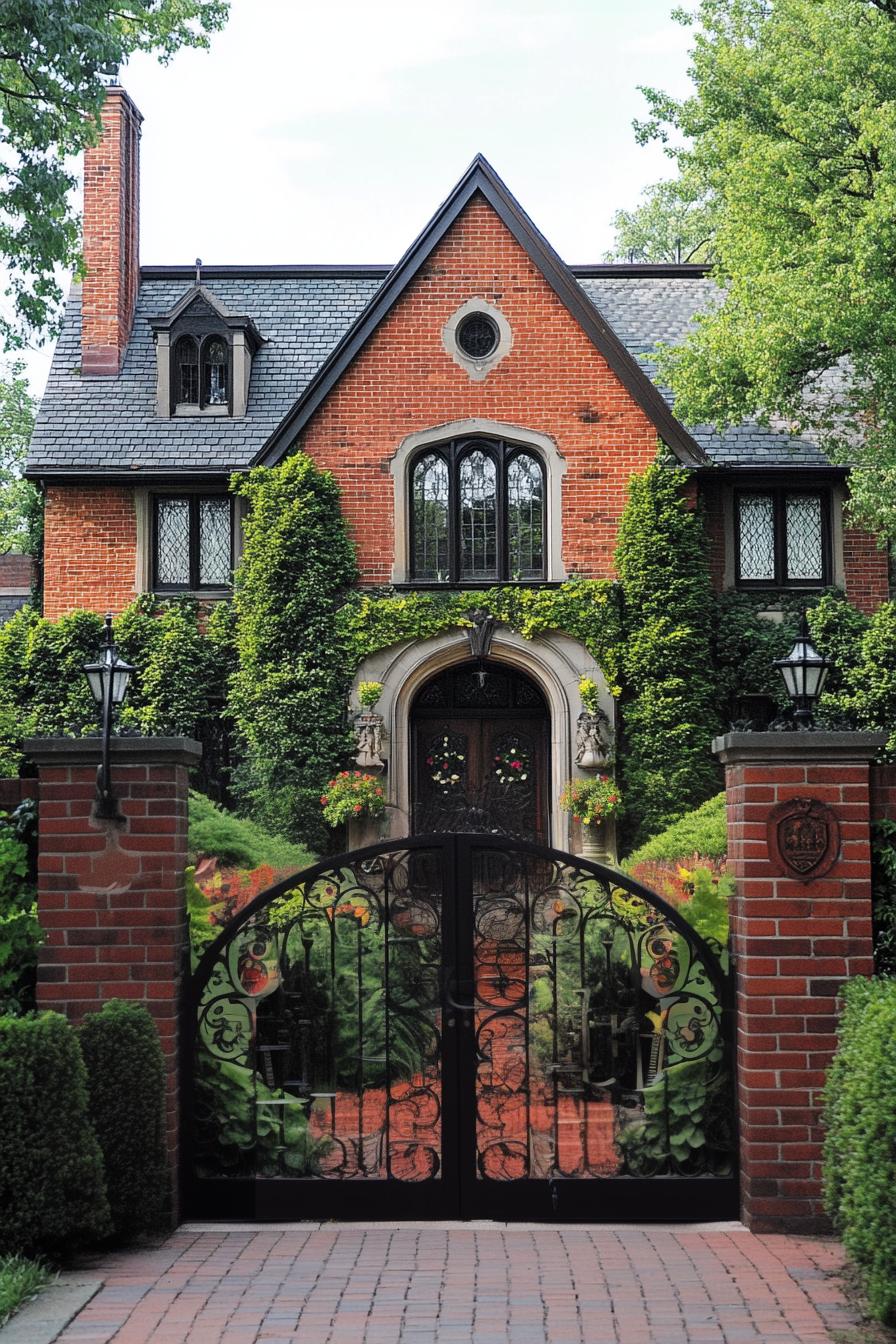 red brick English manor house facade with flower vines front yard with geometric shrubs front red brick fence with iron gate 1