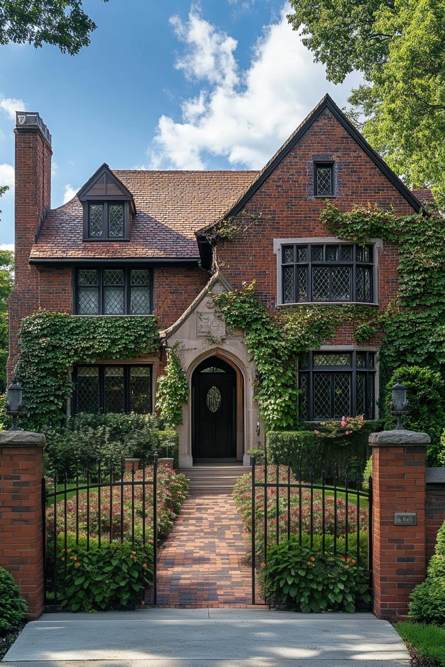 red brick English manor house facade with flower vines front yard with geometric shrubs front red brick fence with iron gate 2