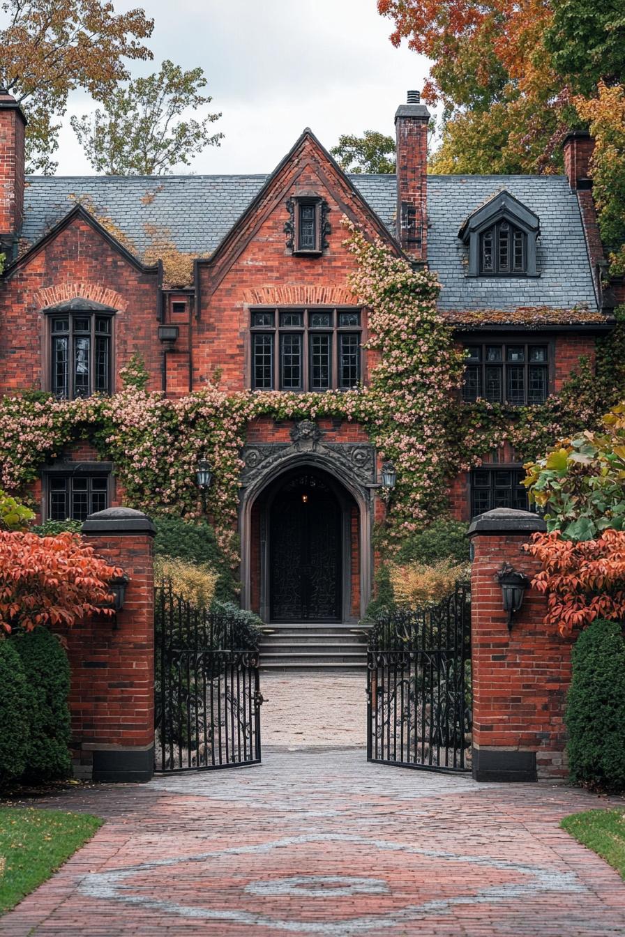 red brick English manor house facade with flower vines front yard with geometric shrubs front red brick fence with iron gate