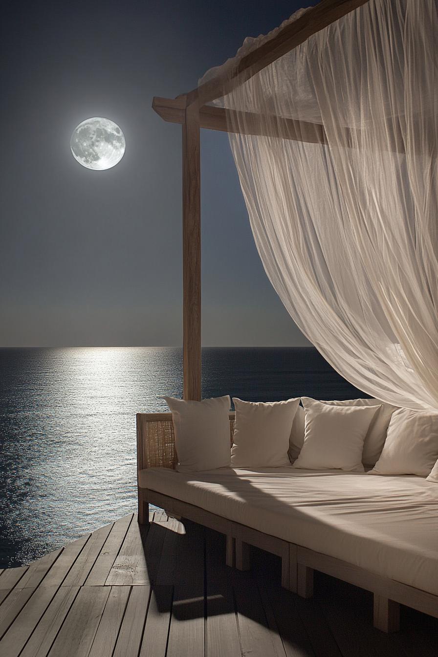 seafront deck with minimalist modern furniture canopy frame and sheer drapes night full moon lit sea view dreamscape 1