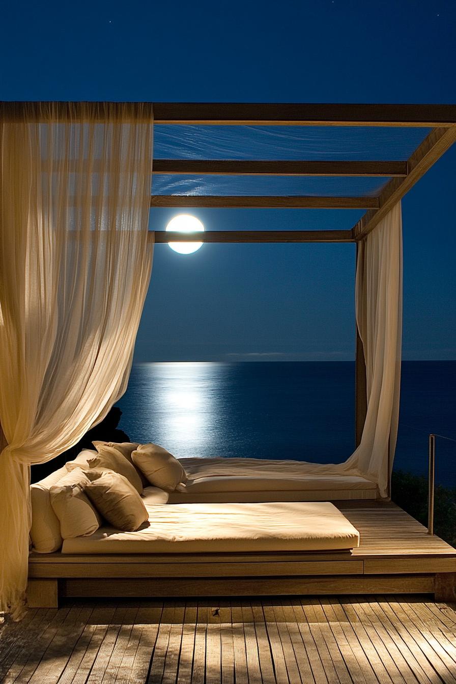 seafront deck with minimalist modern furniture canopy frame and sheer drapes night full moon lit sea view dreamscape 2