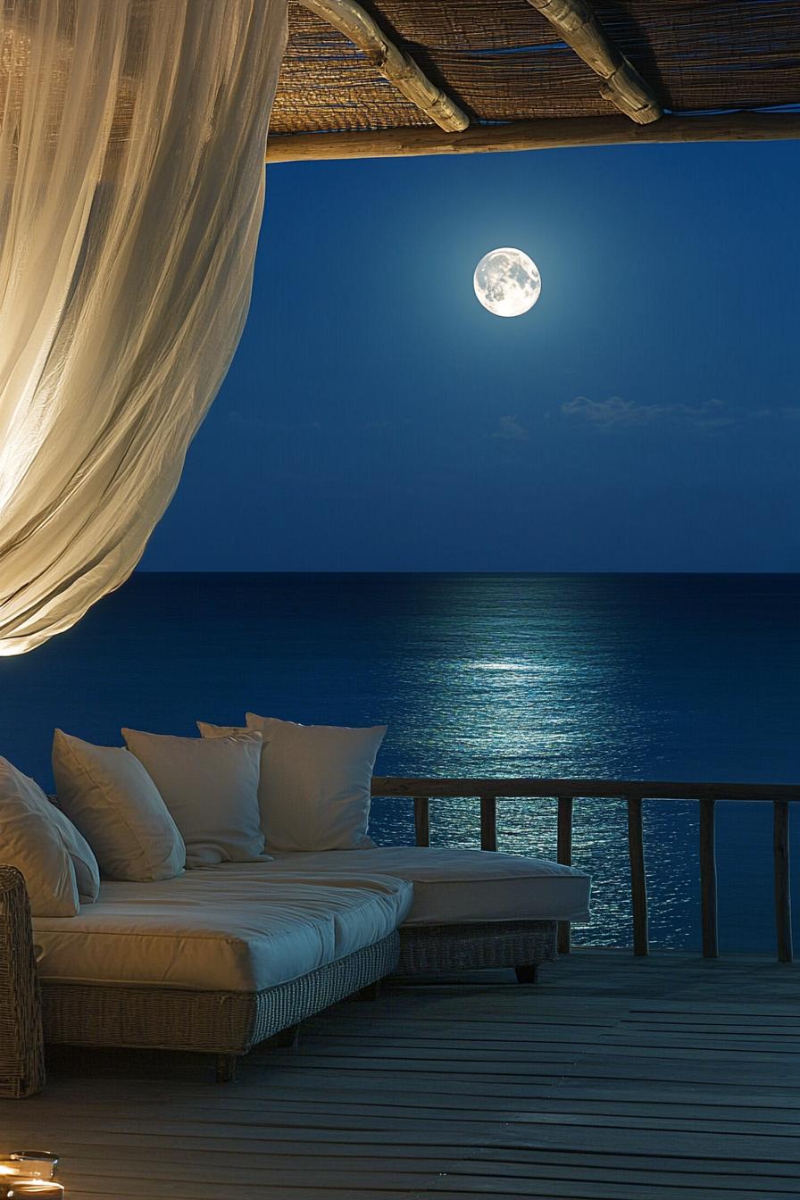 seafront deck with minimalist modern furniture canopy frame and sheer drapes night full moon lit sea view dreamscape