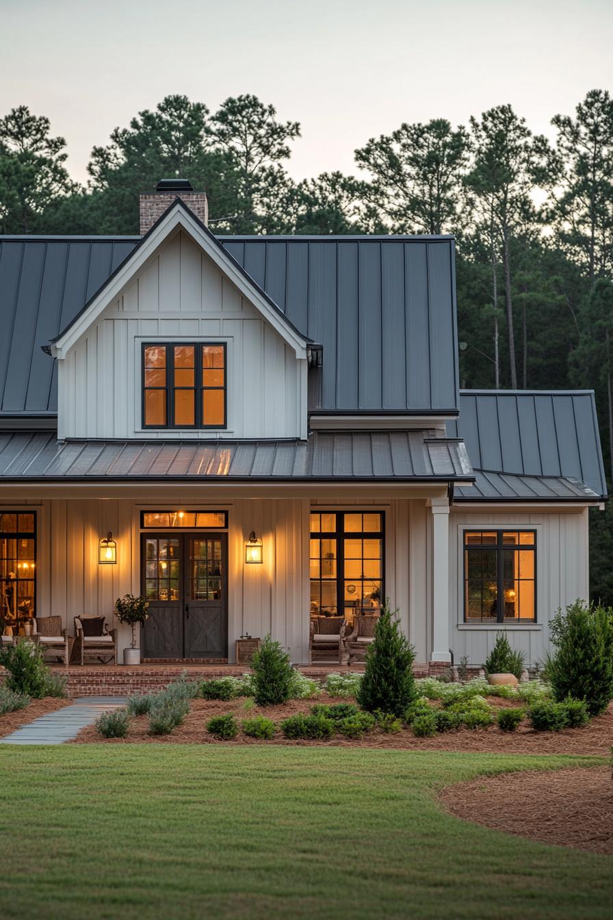 shouse barndominium home with light grey board and batten siding black gable barn roof wraparound covered porch exposed wood beams workshop door 1