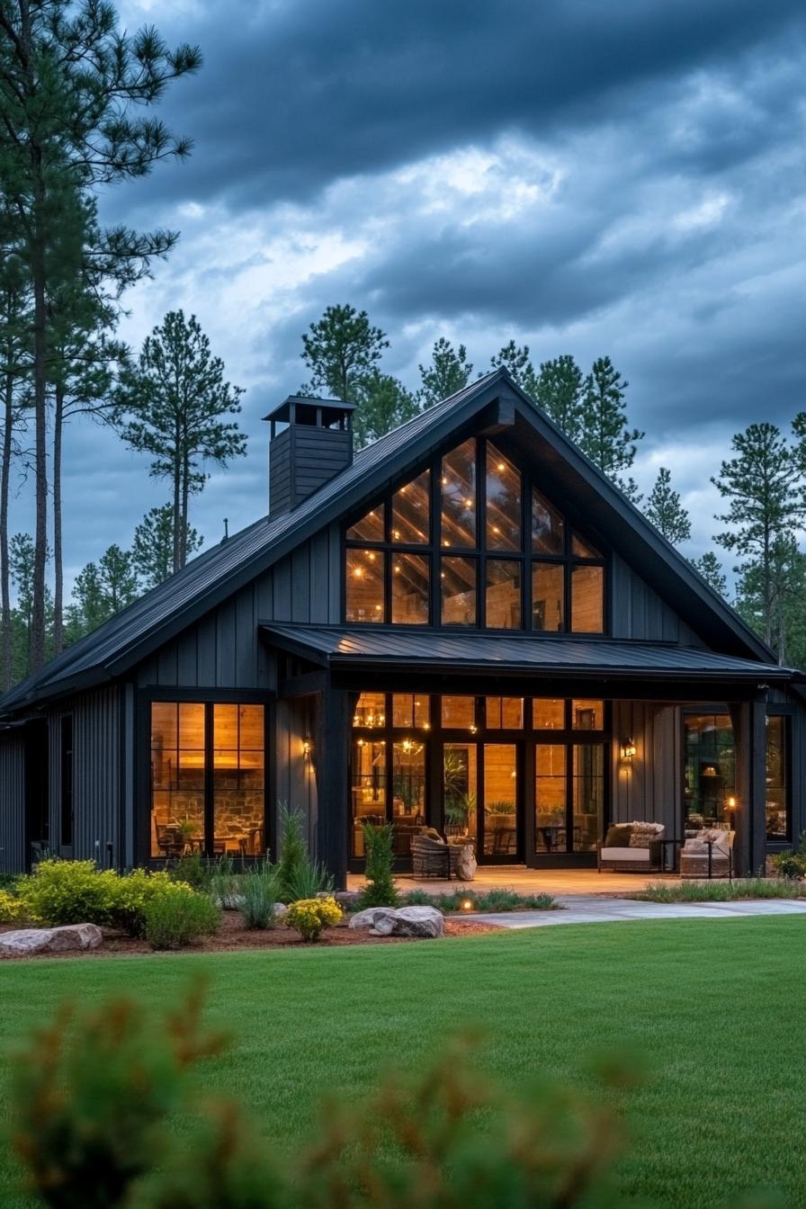 shouse barndominium home with light grey board and batten siding black gable barn roof wraparound covered porch exposed wood beams workshop door 2