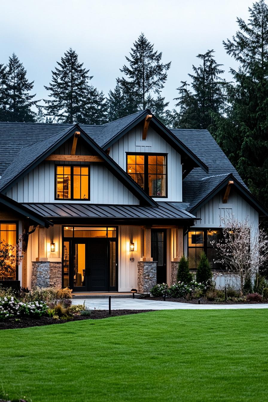 shouse barndominium home with light grey board and batten siding black gable barn roof wraparound covered porch exposed wood beams workshop door 3