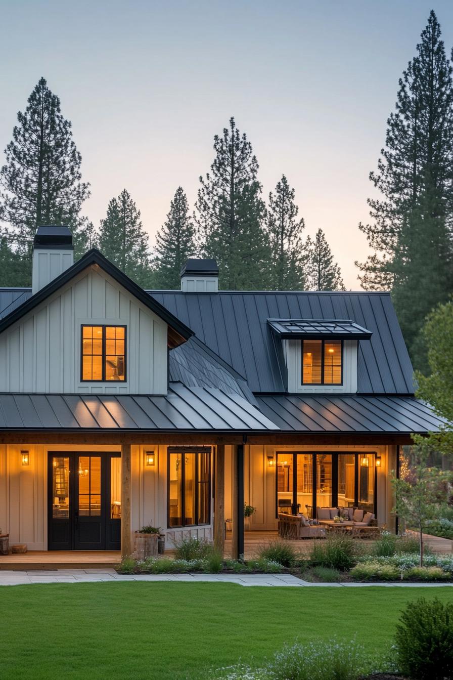 shouse barndominium home with light grey board and batten siding black gable barn roof wraparound covered porch exposed wood beams workshop door