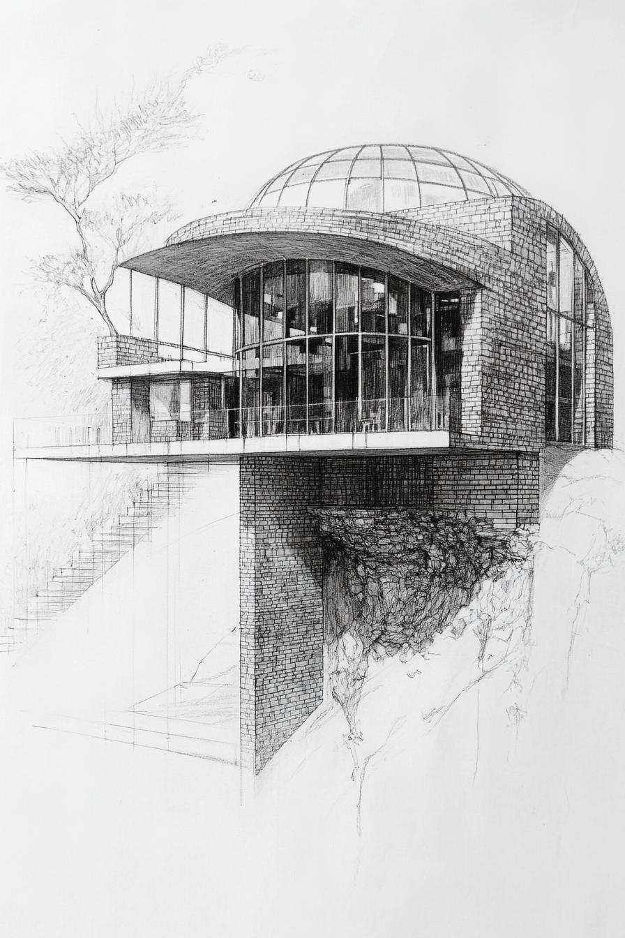 sketch drawing of a cliff house model brick siding large rounded half dome facade with curved glass 1