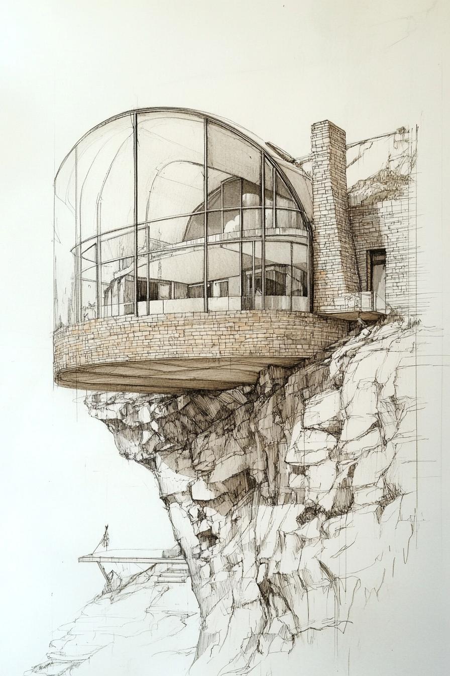 sketch drawing of a cliff house model brick siding large rounded half dome facade with curved glass 2