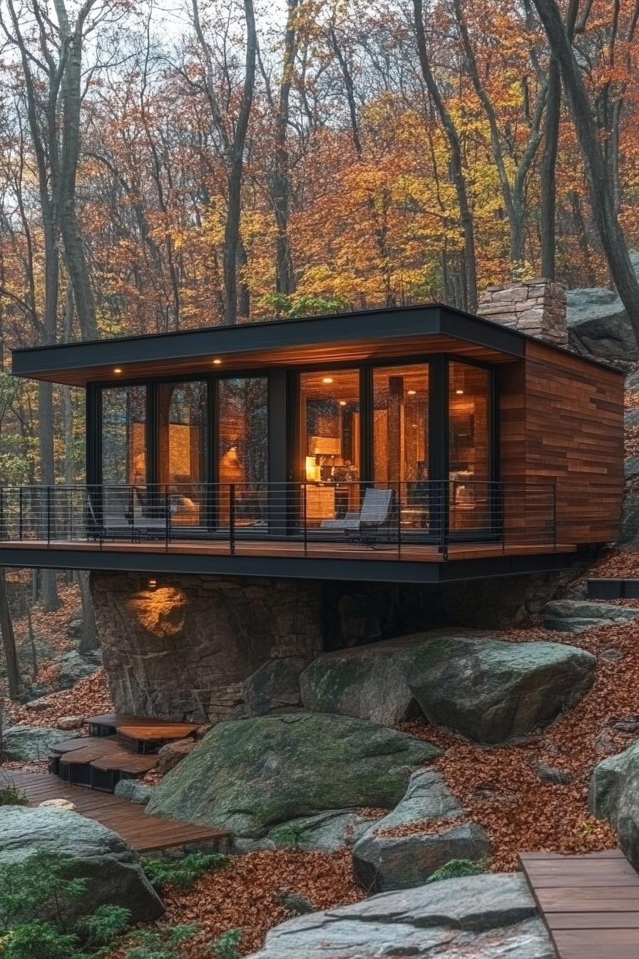 Modern cabin perched on large rocks with fall forest backdrop