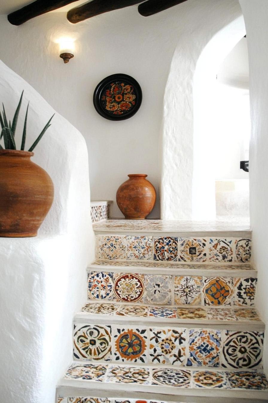 spanish style entryway interior white walls mosaic tile staircase wall decor by staircase with display vases 1