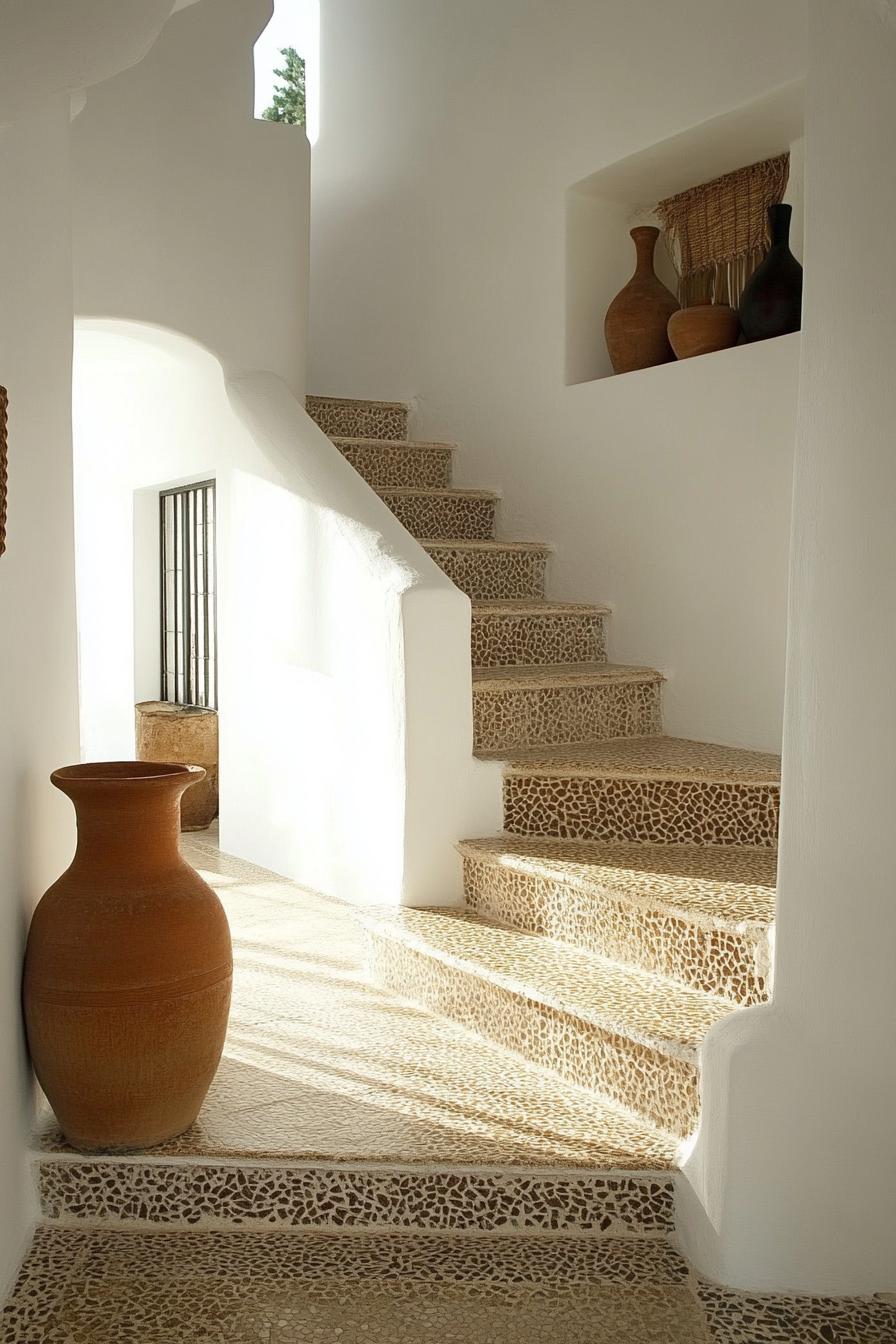 spanish style entryway interior white walls mosaic tile staircase wall decor by staircase with display vases 2