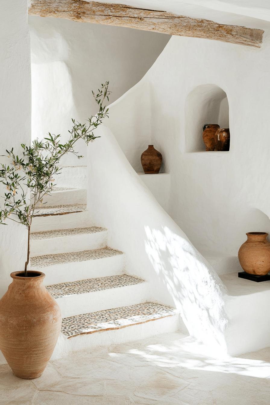 spanish style entryway interior white walls mosaic tile staircase wall decor by staircase with display vases