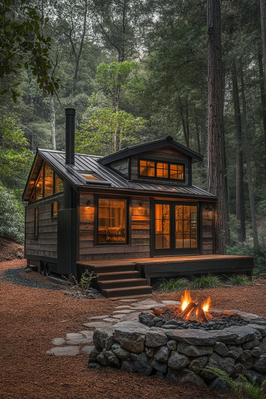 Small rustic cabin with glowing windows and a nearby fire pit in a forest setting