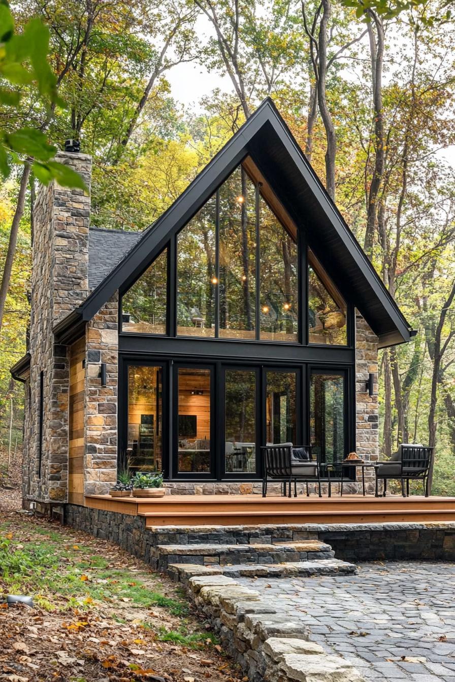 tiny modern luxury 2 story cottage with sloped roof stone siding large modern windows in black trim small wooden deck with steps cobblestone yard 1