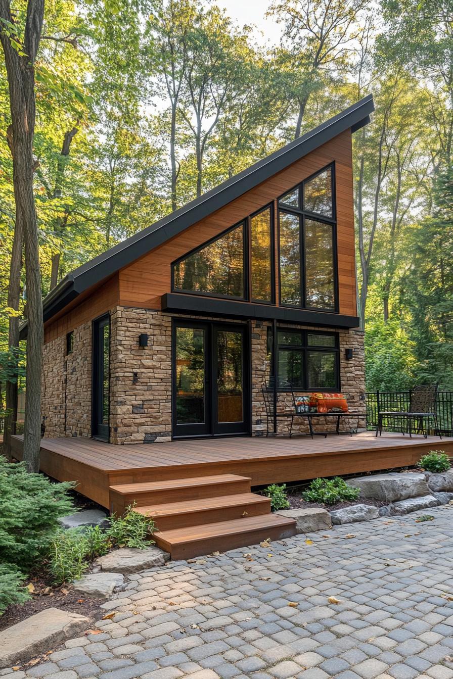 tiny modern luxury 2 story cottage with sloped roof stone siding large modern windows in black trim small wooden deck with steps cobblestone yard 2