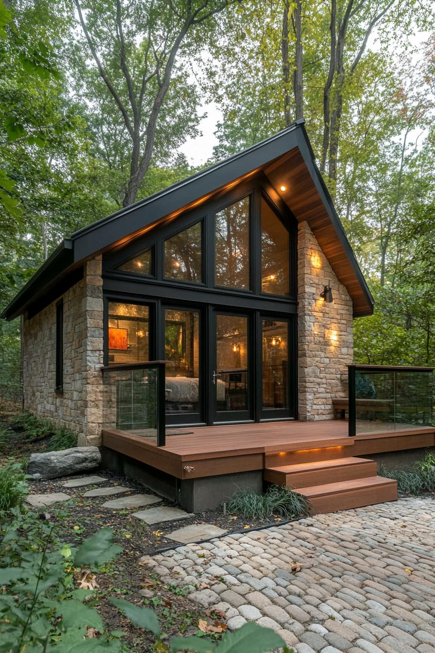 tiny modern luxury 2 story cottage with sloped roof stone siding large modern windows in black trim small wooden deck with steps cobblestone yard