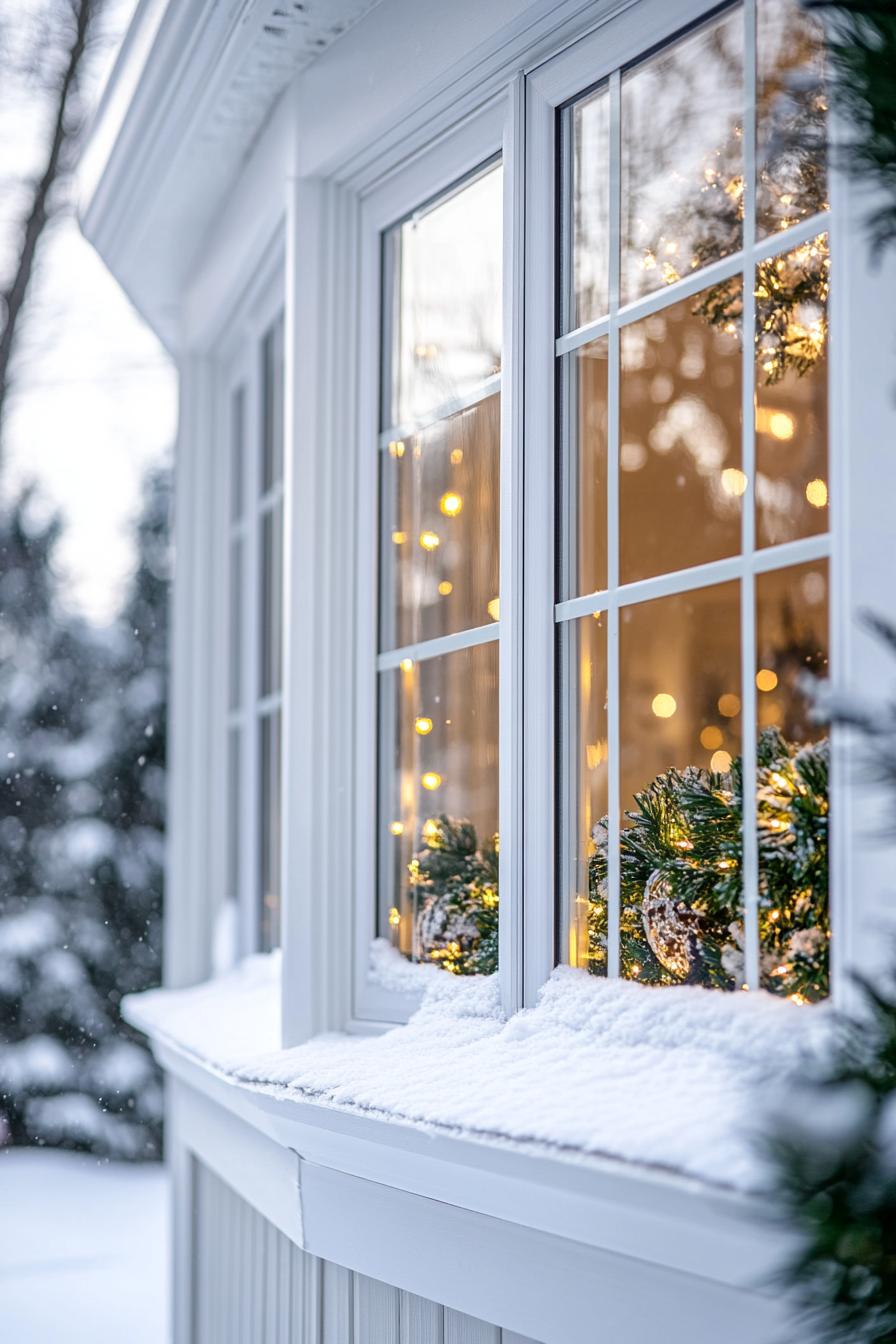 up close of a bay window in white trim from the exterior christmas snow on strings decorations inside the window