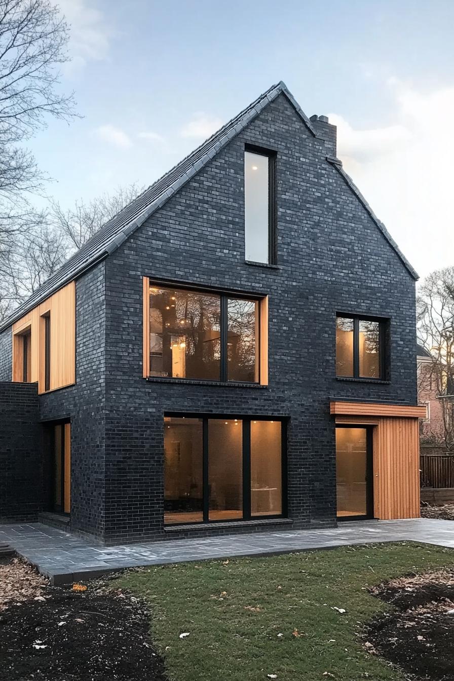 Modern barn house with dark brick exterior and large windows