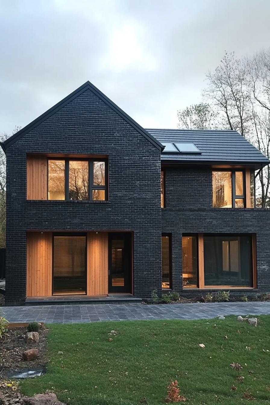 Black brick house with large windows and wooden accents