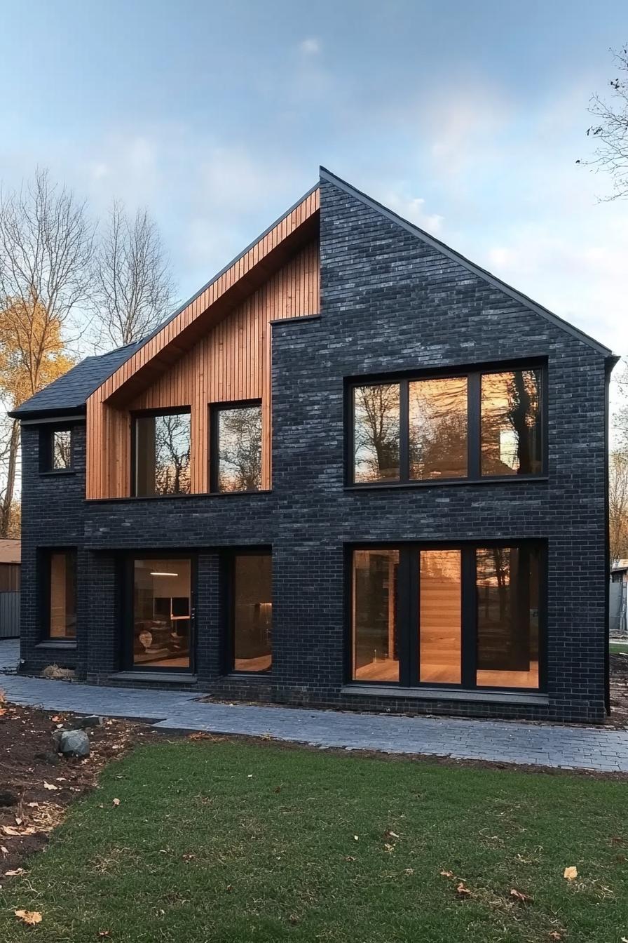 Dark-bricked A-frame house with large windows