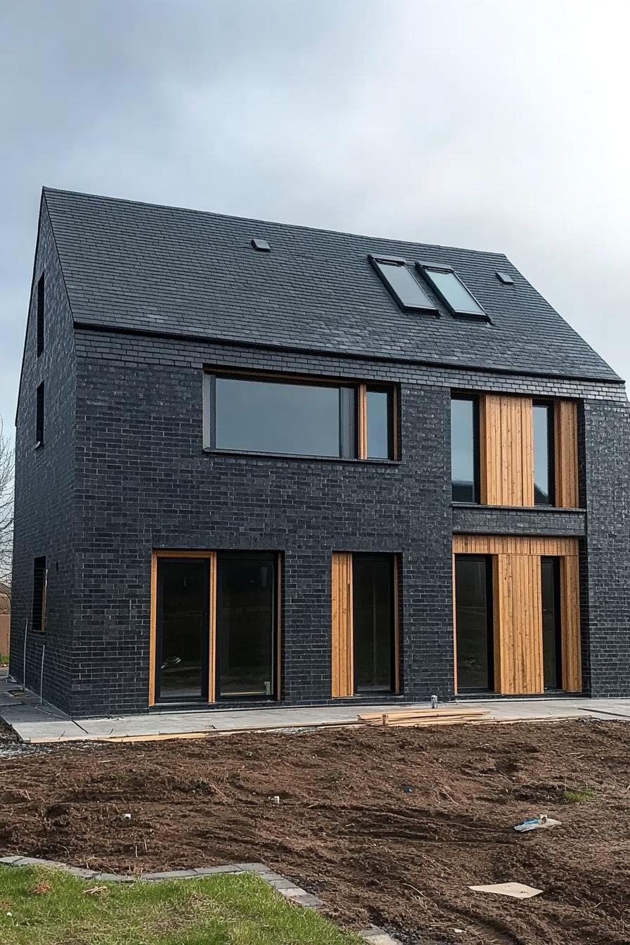 Modern barn house with black brick exterior and wooden trims