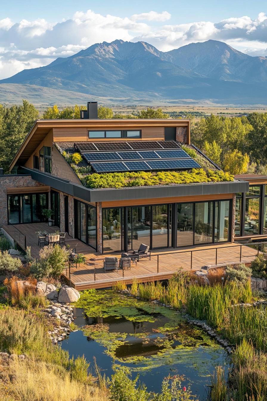 aerial view of a modern sustainable house with gabled green living roof with solar panels full wall windows large deck with built in gardens pond 1