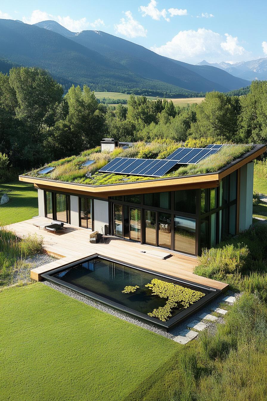 aerial view of a modern sustainable house with gabled green living roof with solar panels full wall windows large deck with built in gardens pond 2