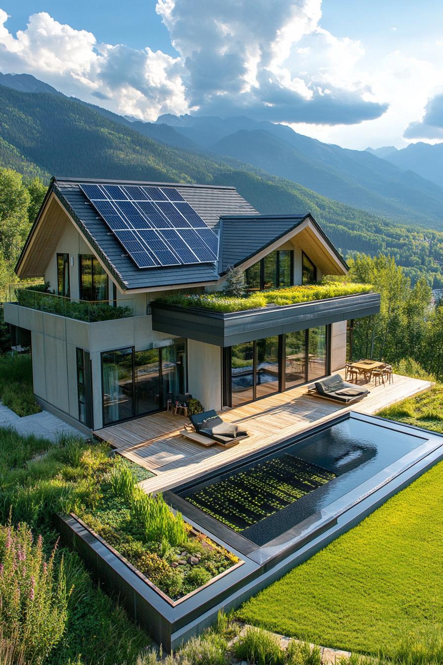 aerial view of a modern sustainable house with gabled green living roof with solar panels full wall windows large deck with built in gardens pond 3