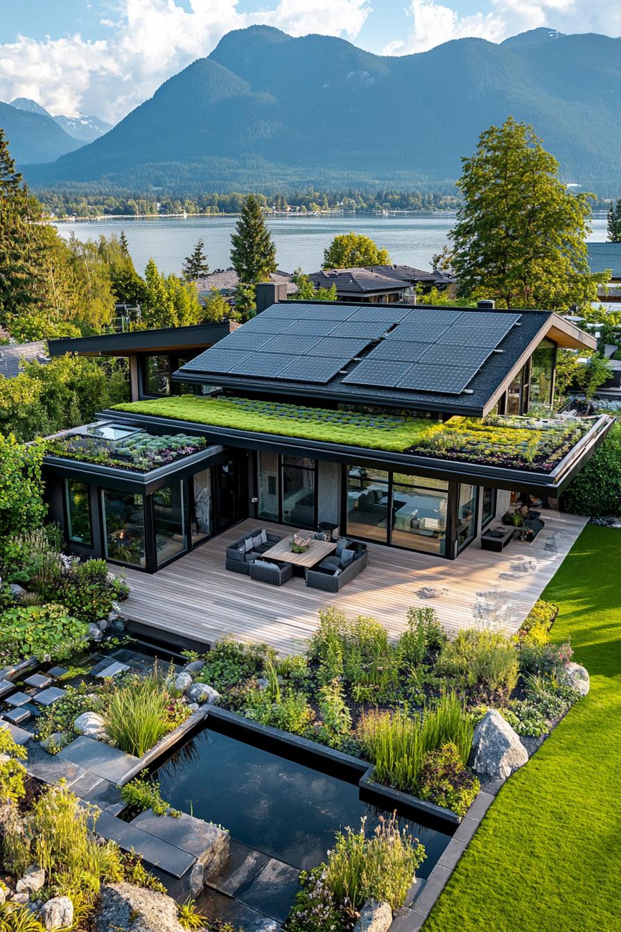 aerial view of a modern sustainable house with gabled green living roof with solar panels full wall windows large deck with built in gardens pond