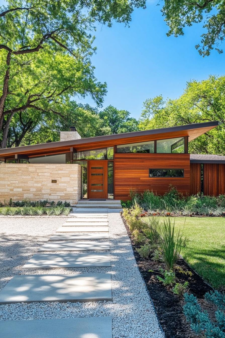 contemporary single story house exterior with polished limestone brick front wall siding walnut wood side wall siding geometric roof with large 1