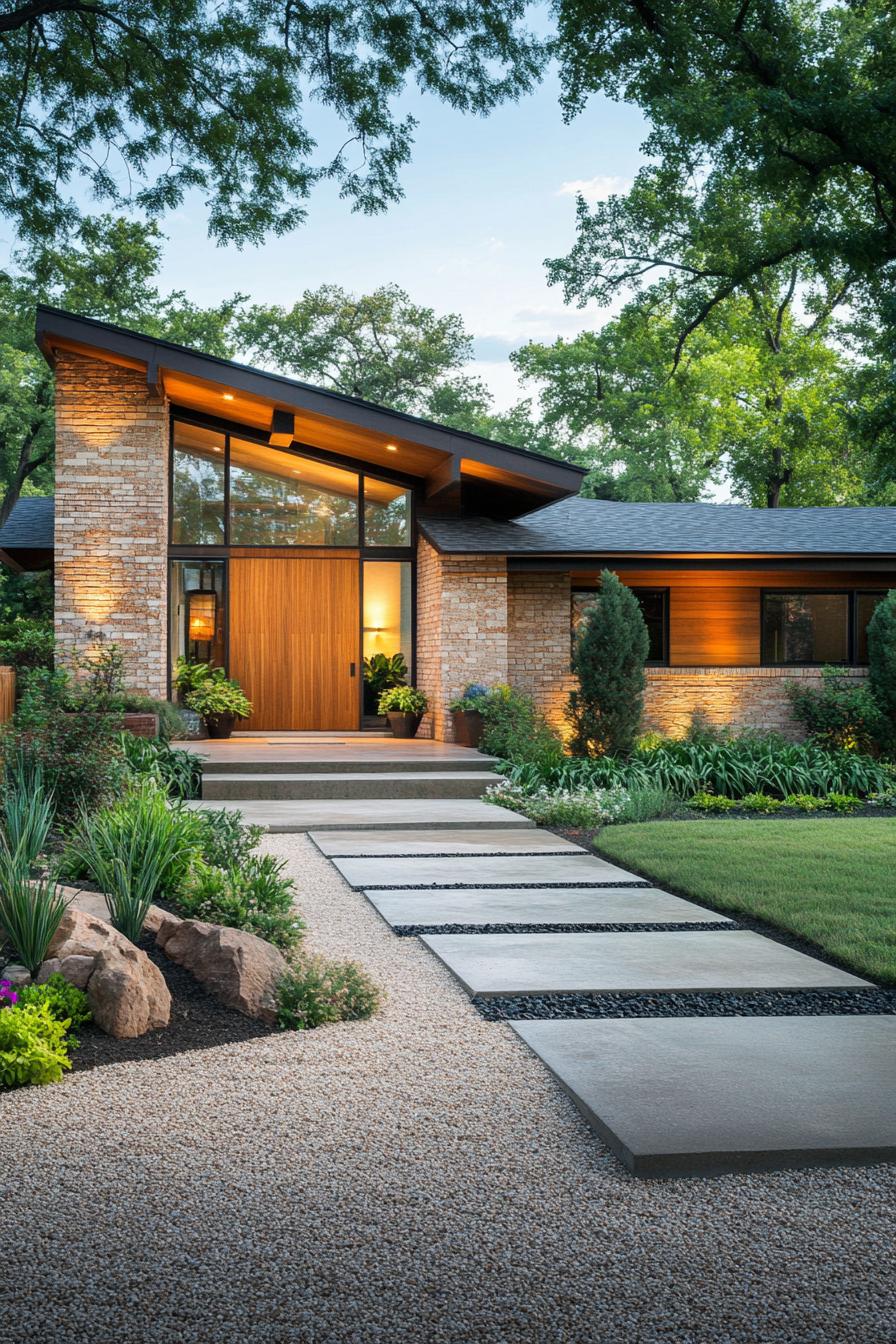 contemporary single story house exterior with polished limestone brick front wall siding walnut wood side wall siding geometric roof with large 2