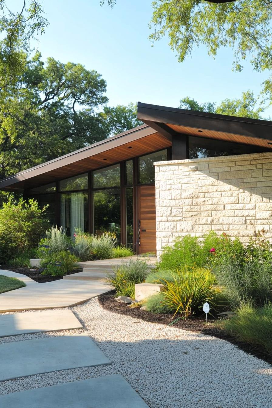 contemporary single story house exterior with polished limestone brick front wall siding walnut wood side wall siding geometric roof with large