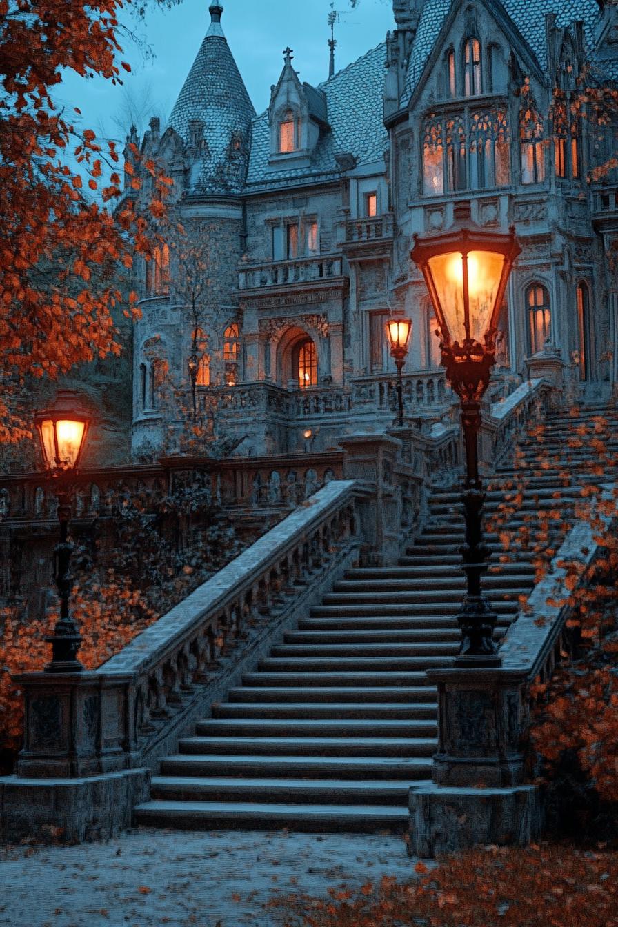 dark Vicotiran gothic mansion with large stairs vintage lamps ornate facade v 6.1