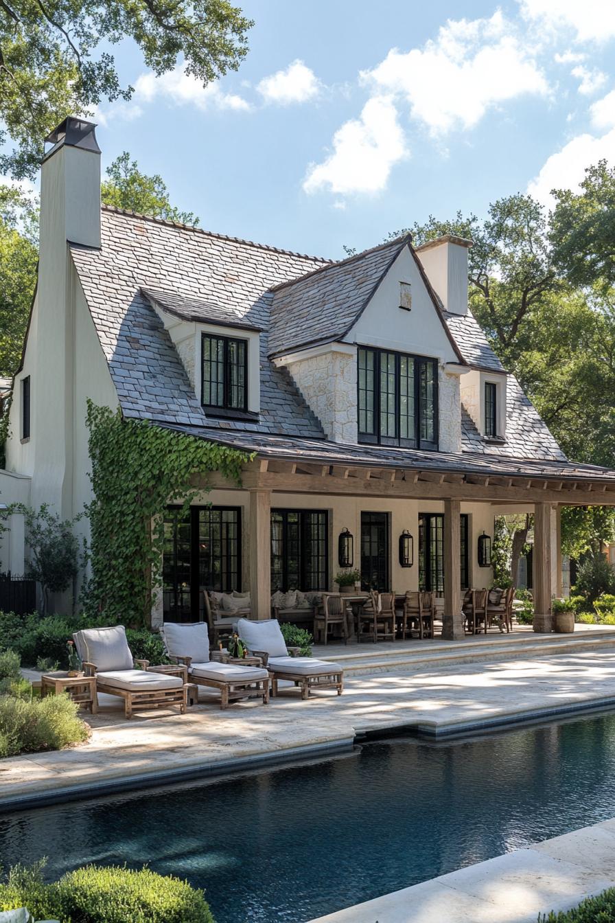 european cottage with creamy stucco siding gabled grey tile roof large porch with columns vine on facade backyard with pool and wooden garden