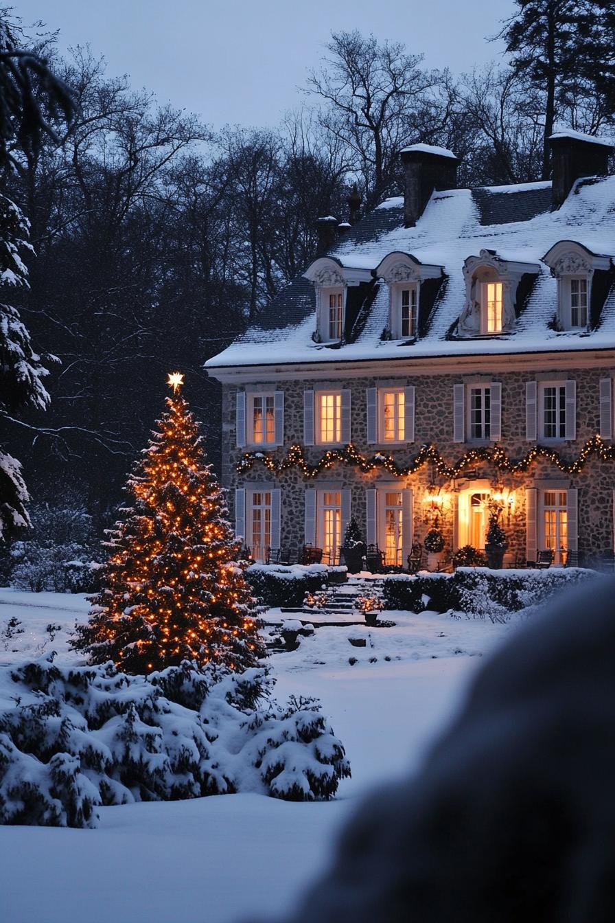 french manor with stone siding and white windows roof with gables and with snow snowed in yard with a large decorated Christmas tree with lights 1