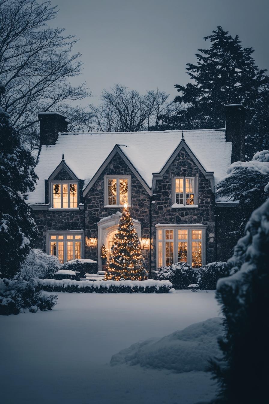 french manor with stone siding and white windows roof with gables and with snow snowed in yard with a large decorated Christmas tree with lights 2