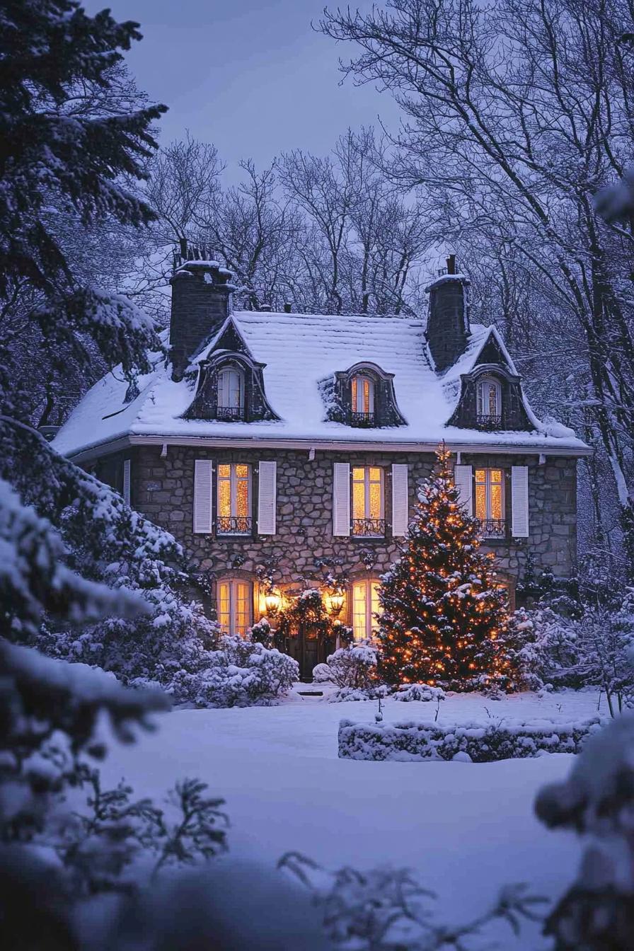 french manor with stone siding and white windows roof with gables and with snow snowed in yard with a large decorated Christmas tree with lights